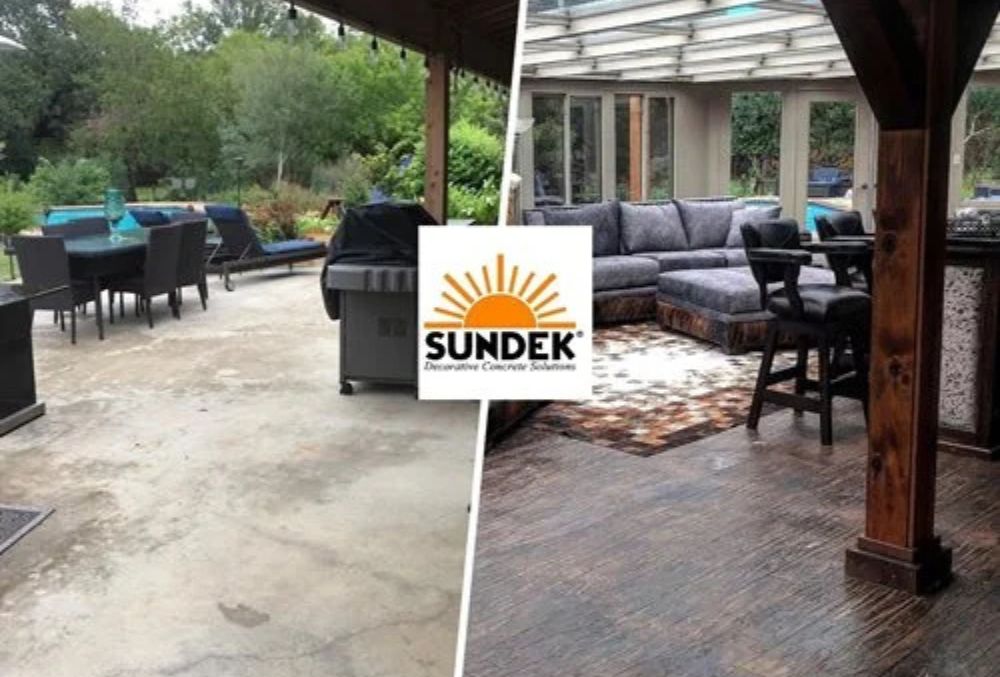 Before and after weathered concrete patio transformed with a wood plank concrete overlay