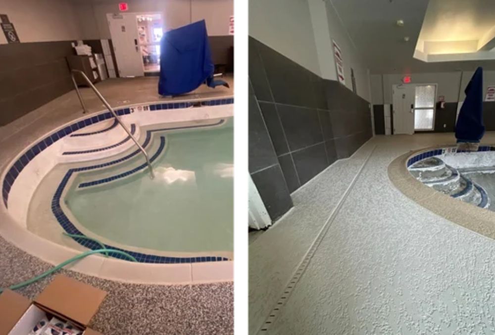 Before and after indoor pool deck resurfacing with slip-resistant textured coating