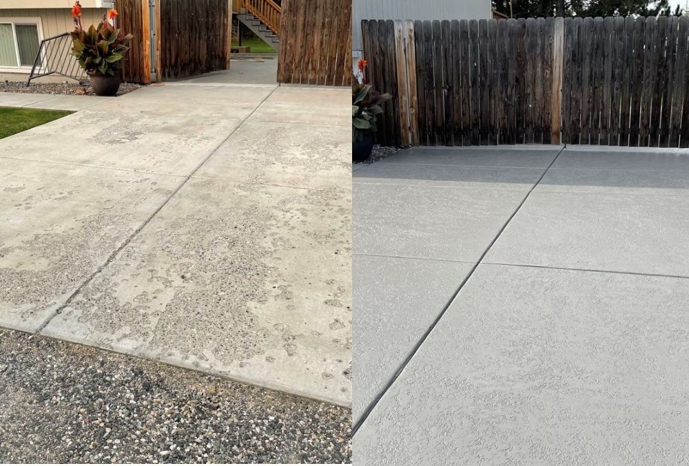 Before and after aging concrete driveway upgraded with decorative resurfacing