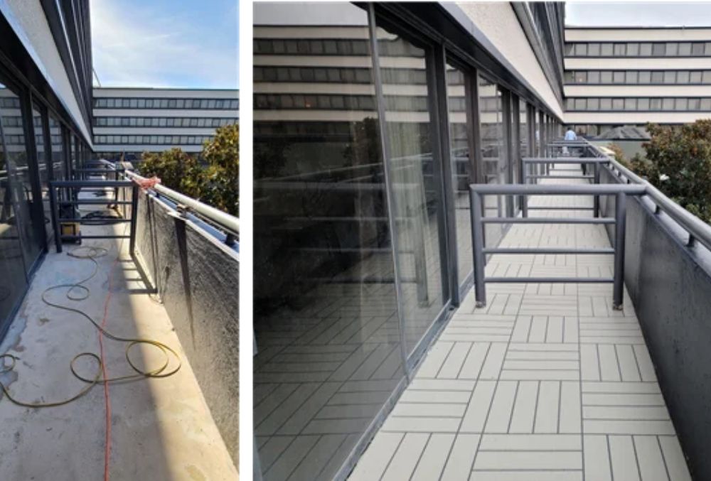 Before and after deteriorated concrete balcony upgraded with a patterned concrete overlay