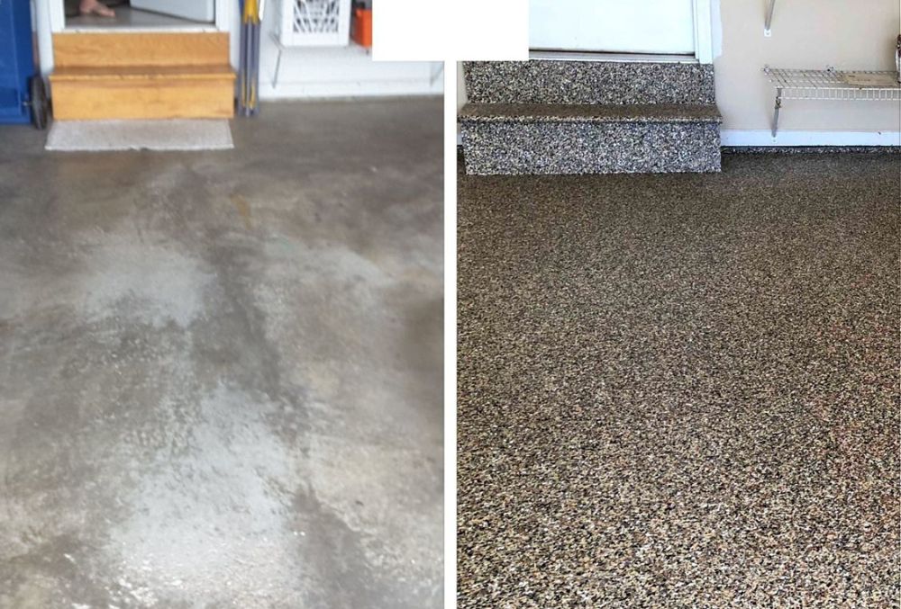 Before and after garage floor showing discolored, weathered concrete coated with polyurea polyaspartic system installed by Concrete Coatings Inc