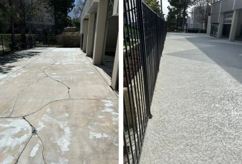 Genuine Sundek textured pool deck finish compared to plain painted concrete
